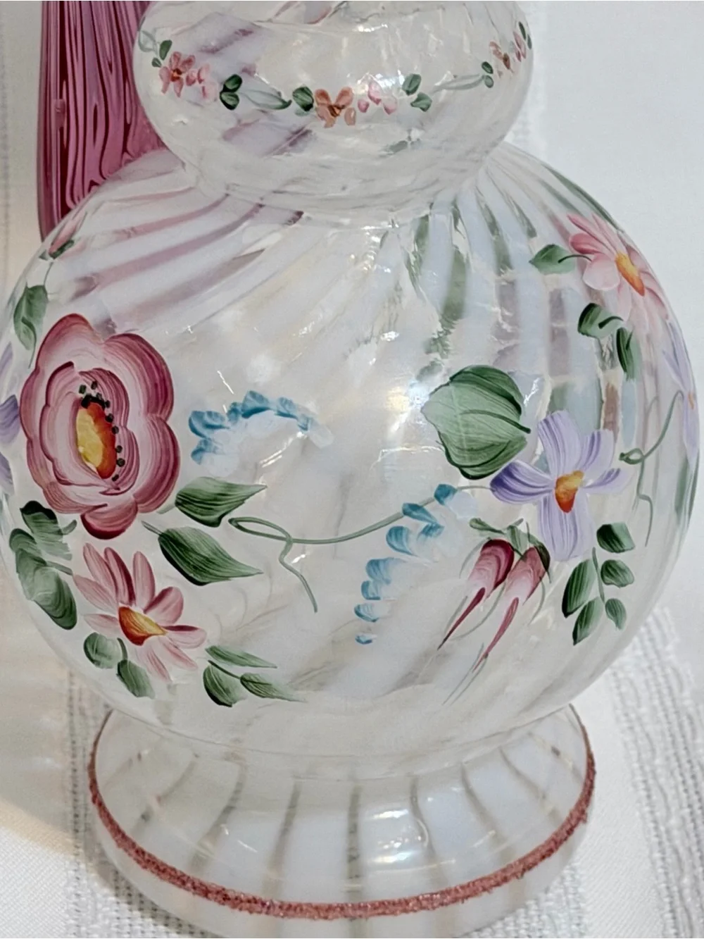 Fenton 1996 Commemorative Opalescent Purple Wavy Rim Hand Painted Pitcher Vase